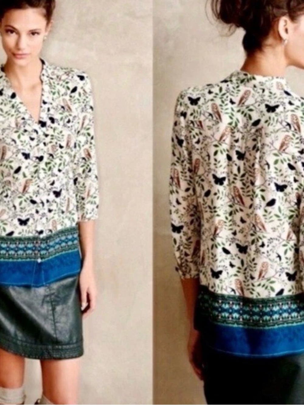 Anthropologie Maeve Woodland Walk Owl Blouse 0P XSP Petite Bohemian LIKE NEW